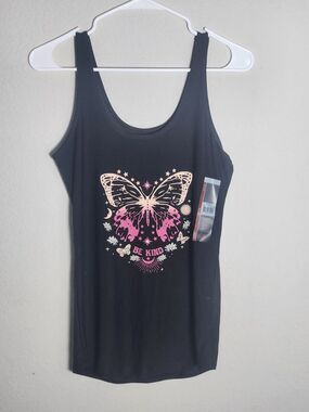 No Boundaries Butterfly Be Kind Graphic Tank Top Black Scoop Neck M 7-9 NWT